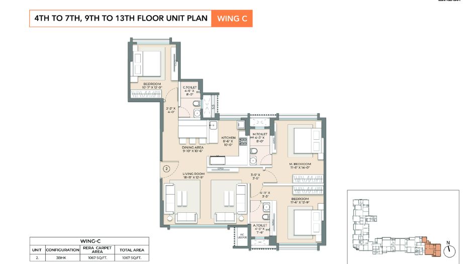 Arkade-Sapphire-FLoor-Plan- 3 BHK- 1067 Sqft